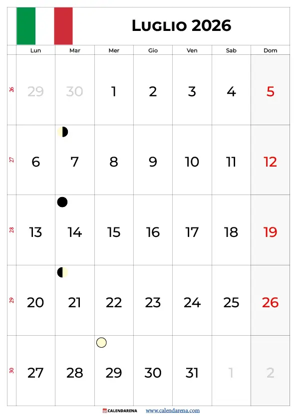 Luglio 2026 calendario mensile – scarica gratis il calendario 2026 luglio in PDF e PNG