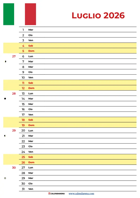 Calendario luglio 2026 bianco da stampare e personalizzare – template PDF e PNG gratis