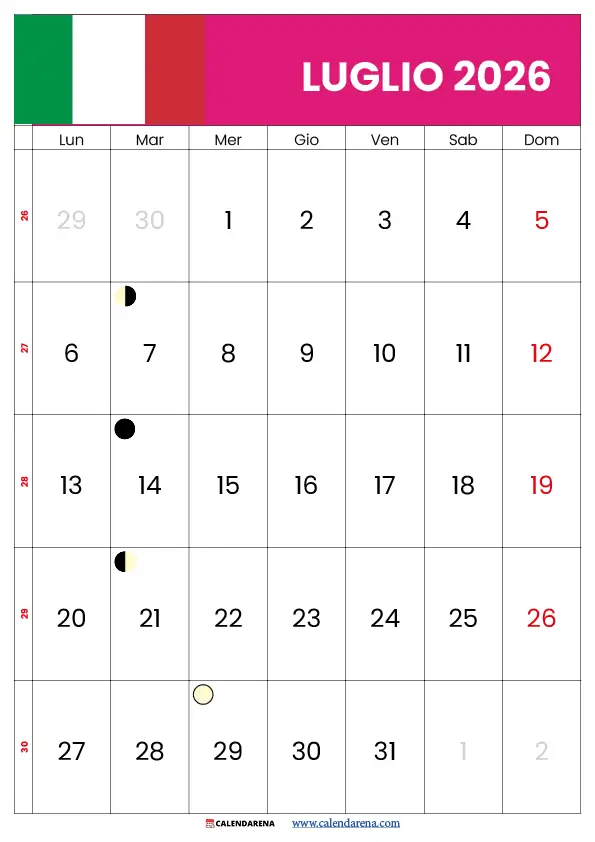 Calendario di luglio 2026 stampabile in formato verticale PNG – luglio calendario 2026 portrait A4