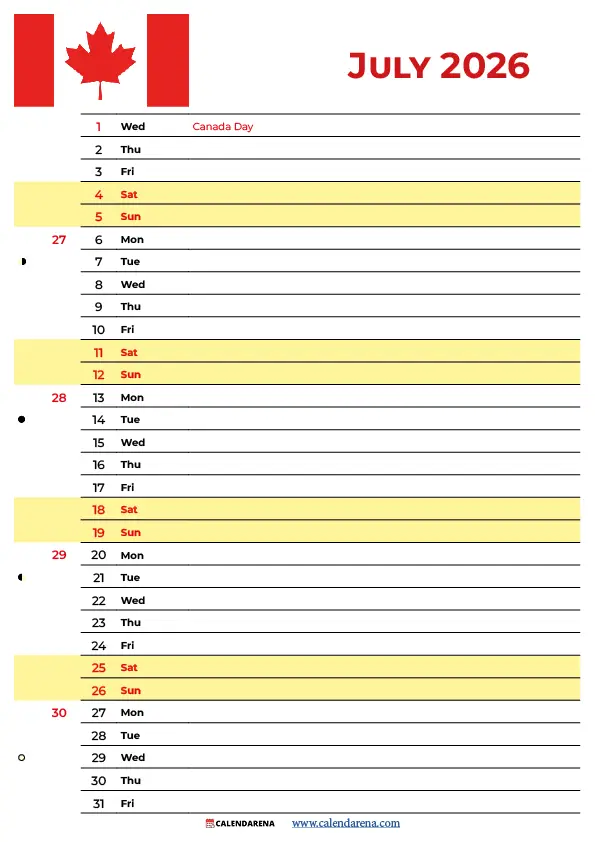 2026 July Calendar Canada
