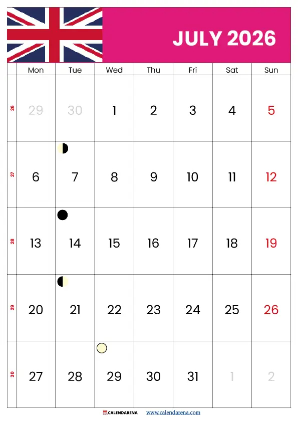 2026 July Calendar Uk