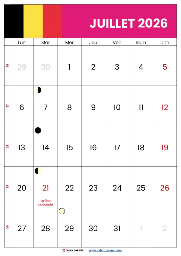 Agenda juillet 2026 Belgique gratuit à imprimer PDF format A4 paysage et portrait
