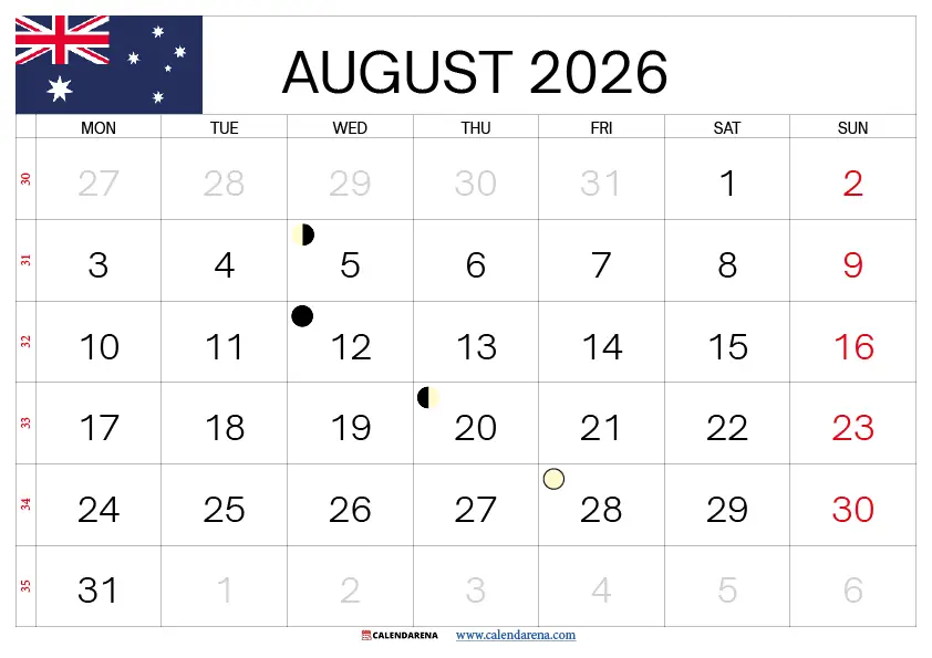 August 2026 calendar Australia download landscape portrait