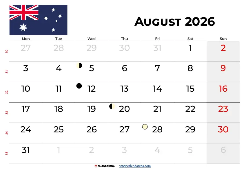 August 2026 calendar Australia free printable PDF A4