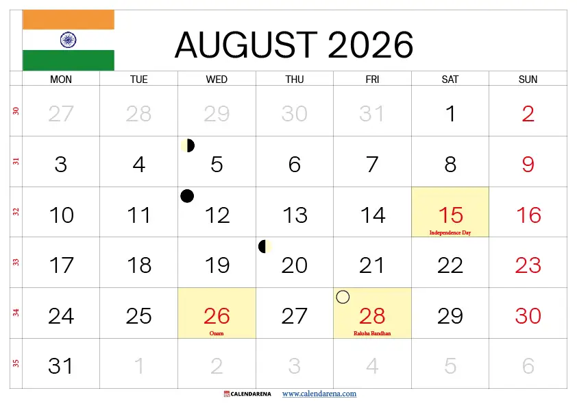 August 2026 calendar with holidays India PDF download — free A4 printable