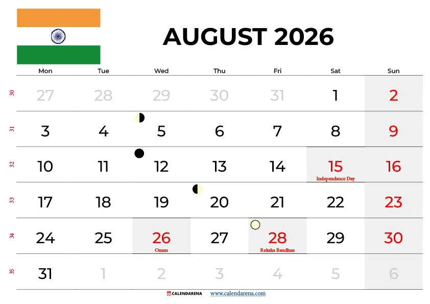 August 2026 calendar with holidays and festivals India — free printable overview