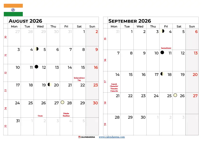 August September 2026 calendar with holidays India — free two-month printable PDF