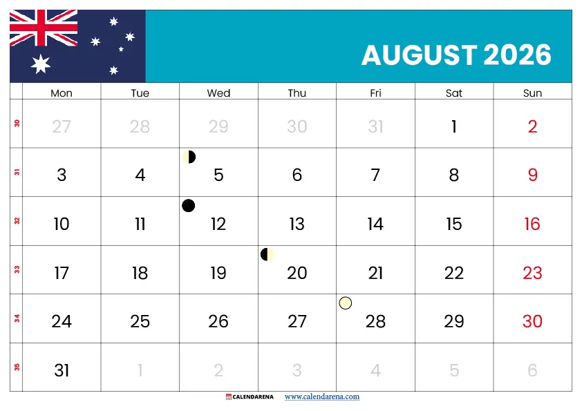 August calendar 2026 Australia free download A4 PDF