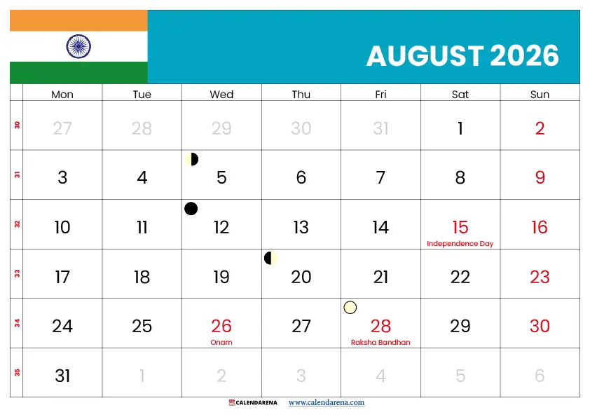 August calendar 2026 with holidays India — free printable monthly grid