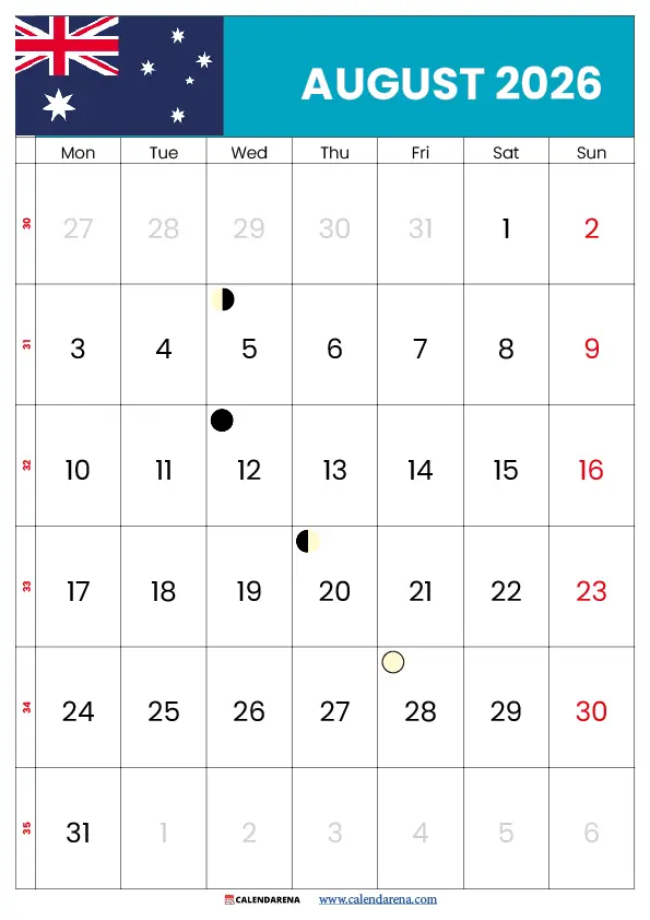 August holidays 2026 Australia free printable calendar PDF