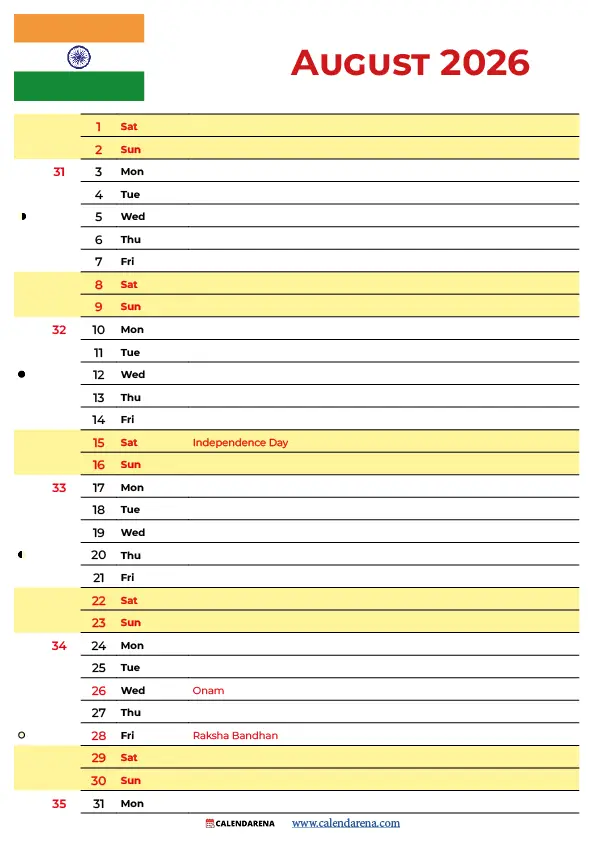 Calendar August 2026 with holidays India — complete free download PDF