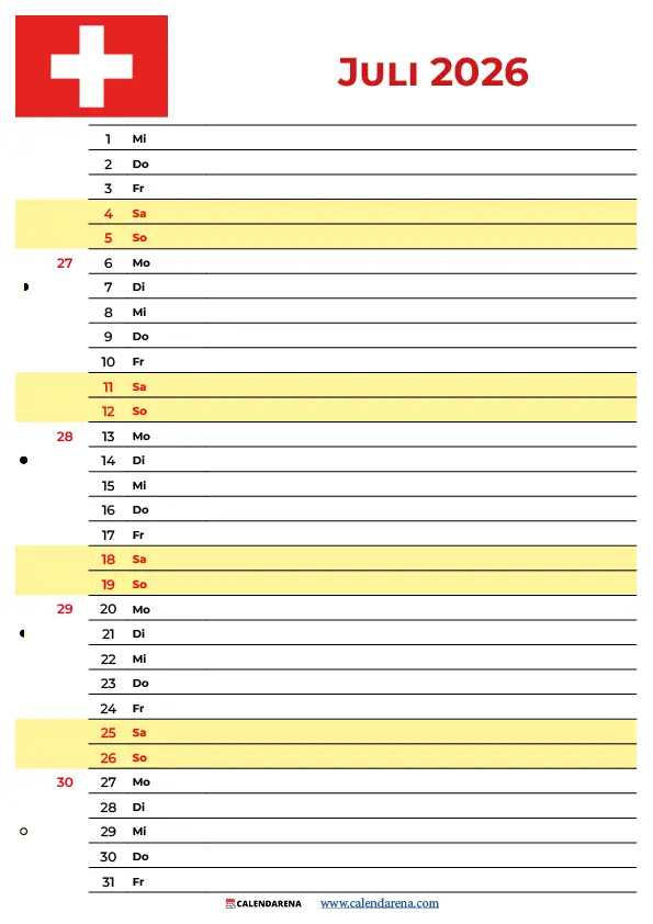 Kalender Juli 2026 Schweiz PNG Querformat – gratis Download druckbare Kalendervorlage