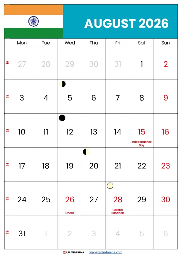August month special days 2026 India — printable Independence Day calendar