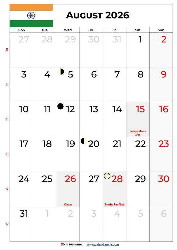 Calendar 2026 August month with holidays India — free official dates printable