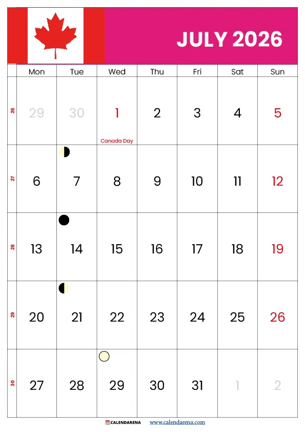 Calendar For July 2026 Canada