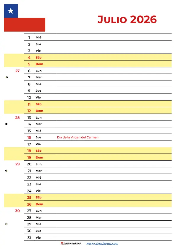 Calendario 2026 Julio Chile Para Imprimir Gratis – Formato PDF y PNG