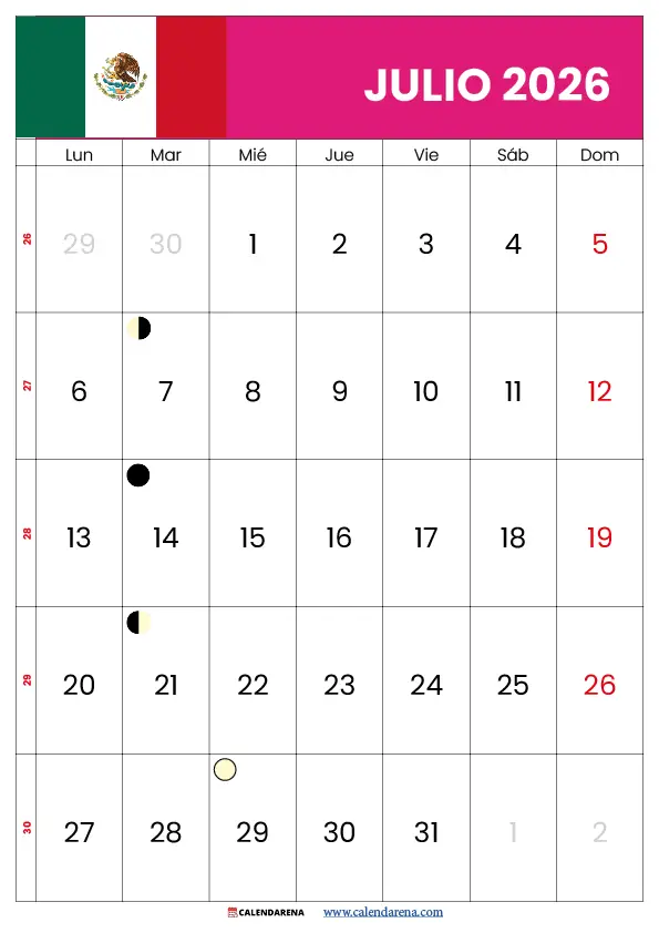 Calendario 2026 Julio Para Imprimir Mexico PDF imprimible gratis sin registro