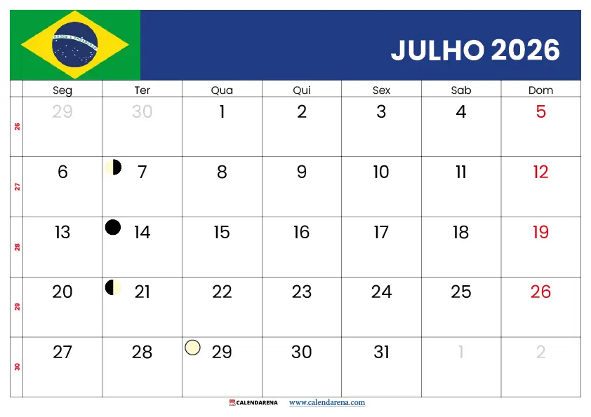 Calendário De Julho De 2026 Com Feriados Brasil – Modelo Gratuito para Imprimir