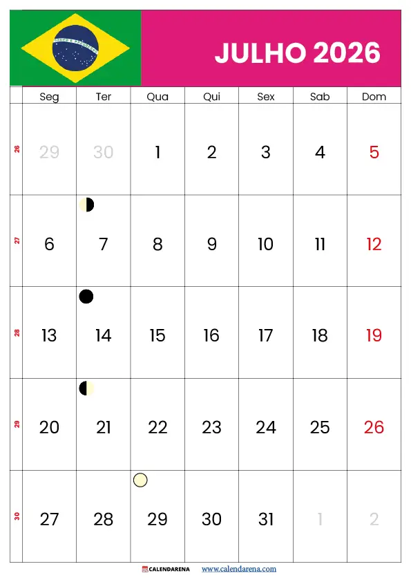 Calendário Do Mês De Julho 2026 Brasil – Template Gratuito para Download em PDF e PNG