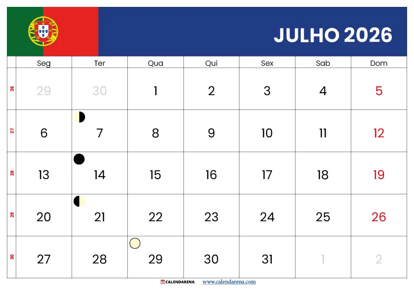Calendario Julho 2026 Portugal com Feriados – Download Grátis PDF