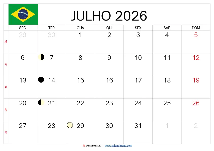 Calendario Julho 2026 Feriados Brasil – Download Grátis Imprimível em PDF e PNG