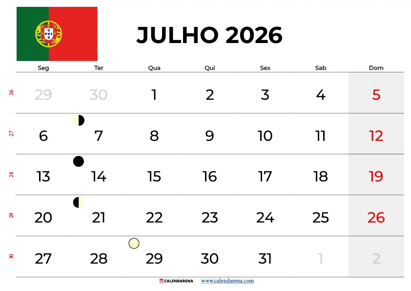 Calendário Julho 2026 Portugal – Descarrega Grátis em PDF e PNG