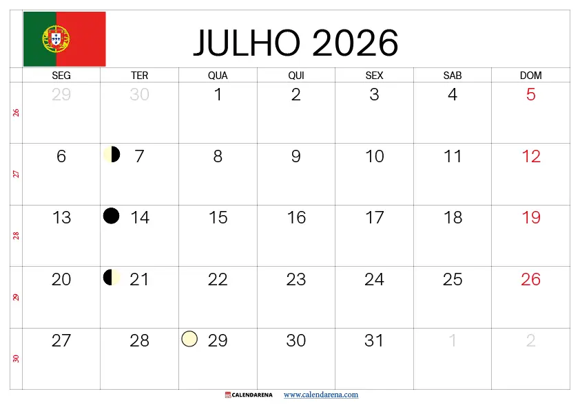 Calendário Julho 2026 Datas Comemorativas Portugal – Imprimível Grátis