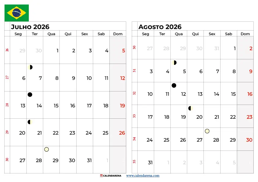 Calendário Julho E Agosto 2026 Brasil – Planeje as Férias com Este Modelo Grátis Imprimível