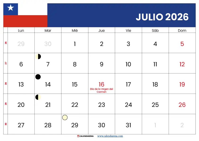 Calendario Julio 2026 Chile Con Feriados Para Imprimir – PDF Gratis Disponible
