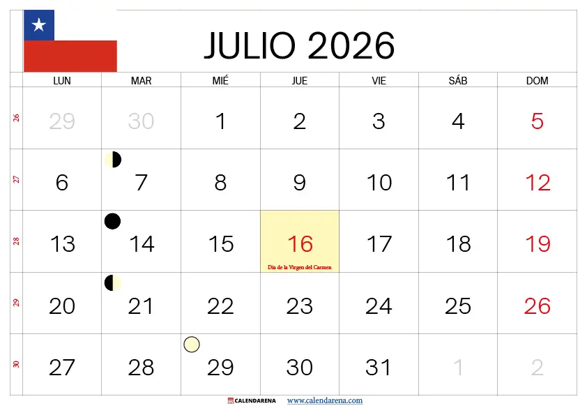Calendario Julio 2026 Chile Para Imprimir Con Feriados – Descarga Gratis PDF