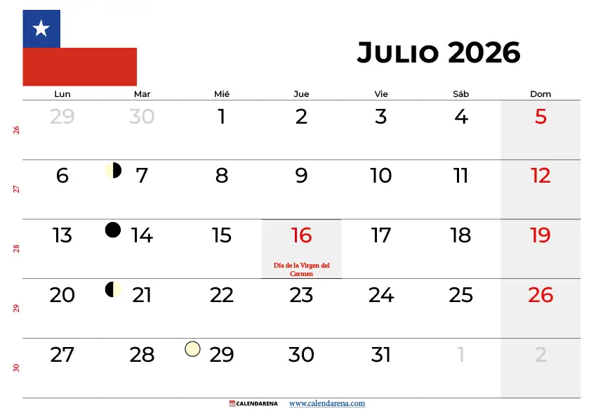 Calendario Julio 2026 Chile Para Imprimir Gratis en PDF