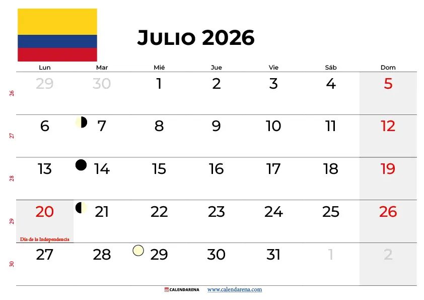 Calendario Julio 2026 Colombia Con Festivos Para Imprimir – Descarga Gratis en PDF