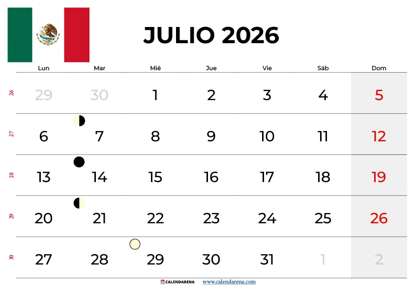Calendario Julio 2026 Mexico Para Imprimir gratis en PDF y PNG descarga gratuita