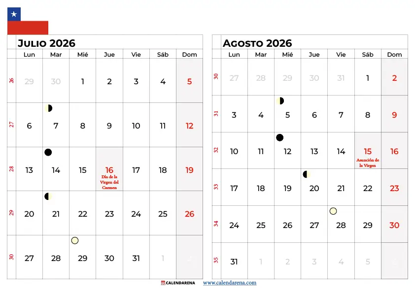 Calendario Julio Agosto 2026 Chile Para Imprimir – Descarga Gratis PDF y PNG