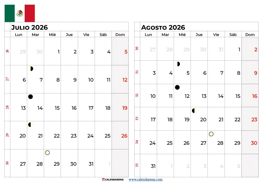 Calendario Julio Agosto 2026 Para Imprimir Mexico gratis bimestral PDF y PNG descarga