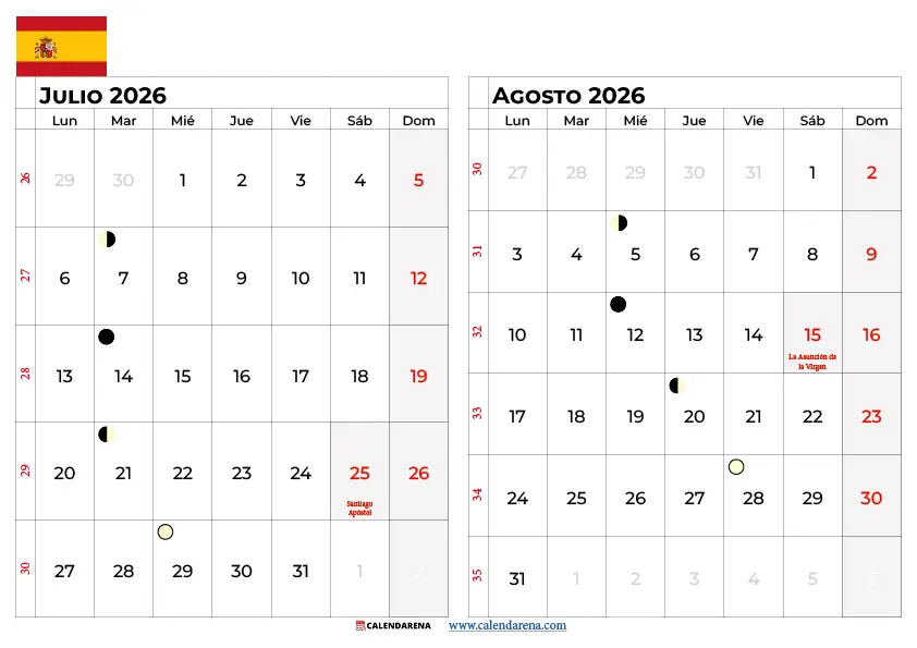 Calendario Julio y Agosto 2026 para imprimir España gratis en PDF horizontal
