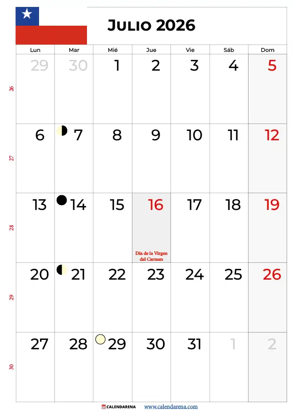 Calendario Julio Chile 2026 Imprimible – Descarga Gratuita PDF y PNG