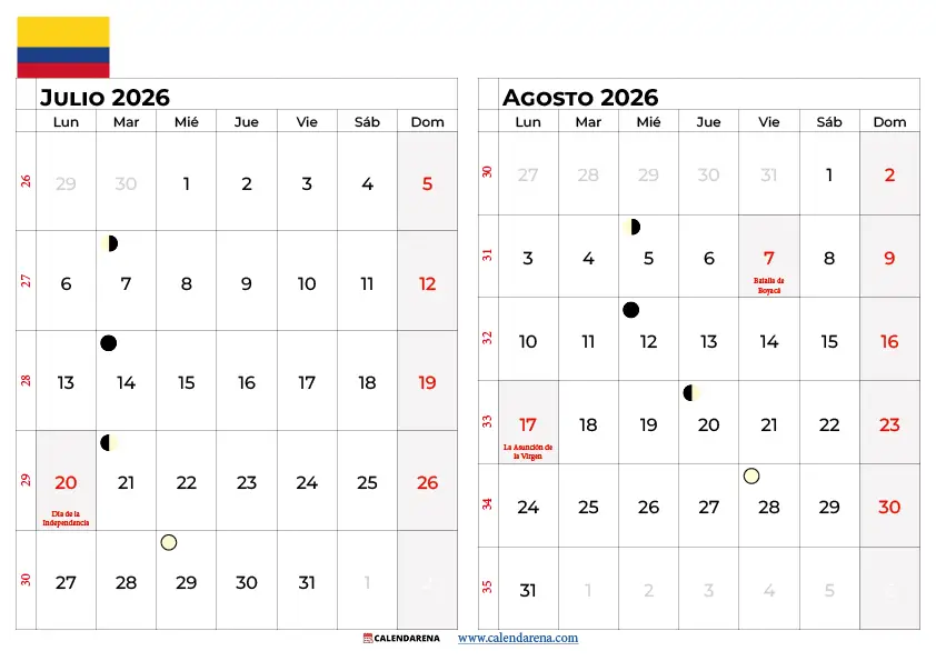 Calendario Julio y Agosto 2026 Colombia – Vista Bimestral Imprimible, Descarga Gratis en PDF y PNG