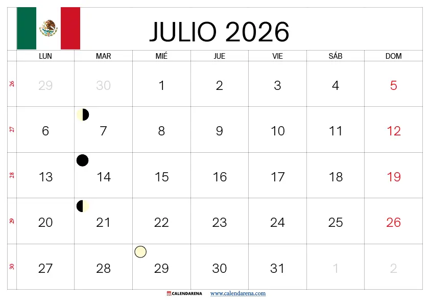 Calendario Junio y Julio 2026 Para Imprimir Mexico gratis formato PDF descargable