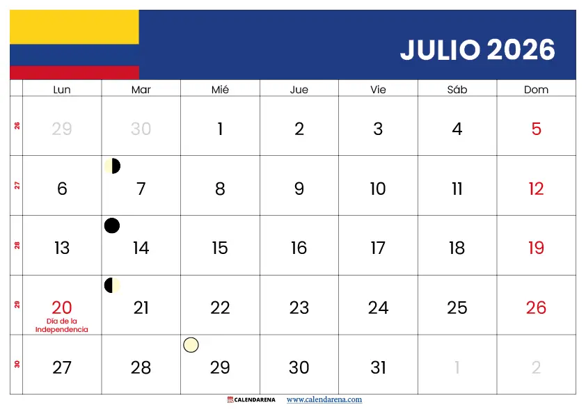 Calendario con Festivos Julio 2026 Colombia – Plantilla Gratuita Lista para Descargar e Imprimir