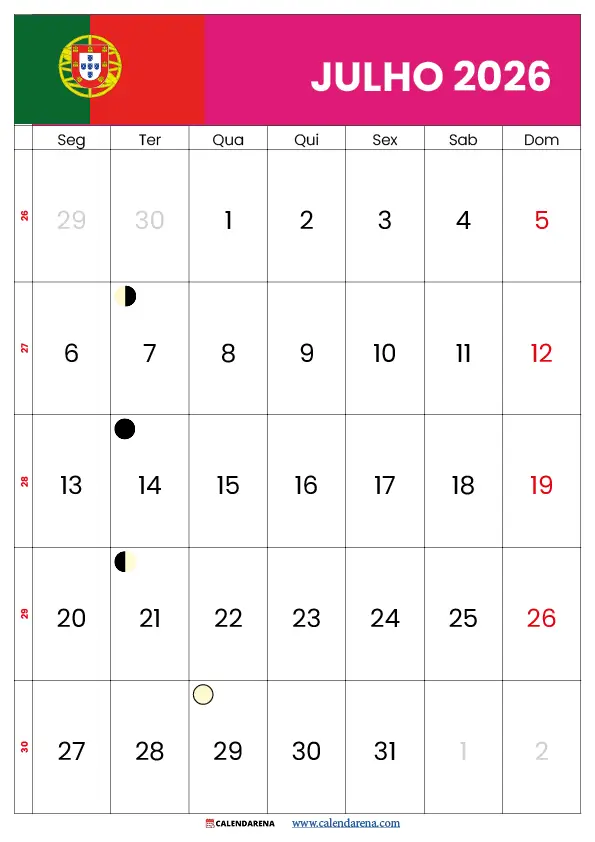 Calendário de Julho de 2026 com Feriados Portugal – Grátis para Imprimir em PDF