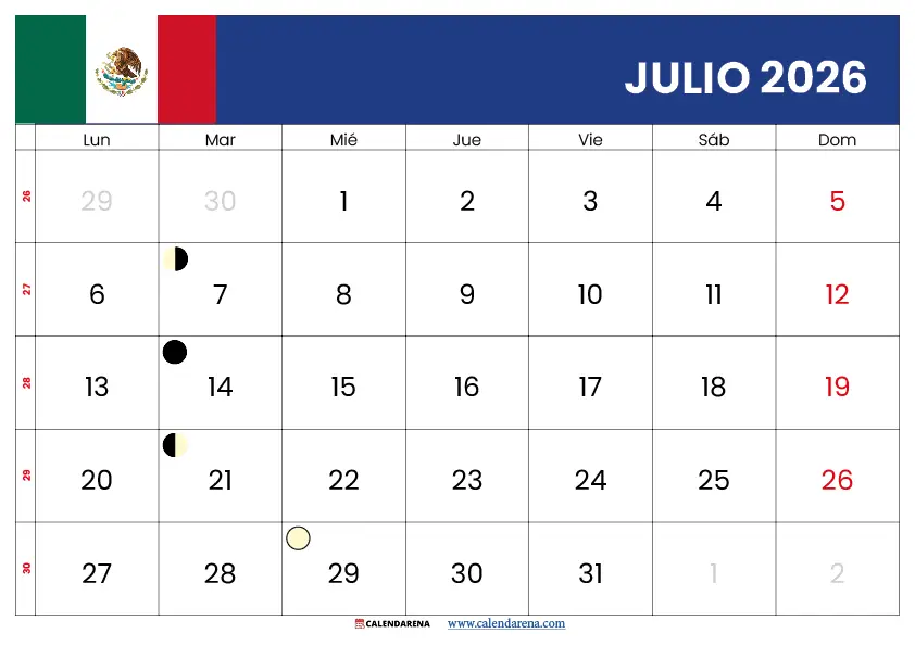 Calendario de Julio 2026 Para Imprimir Mexico gratuito listo para descargar en PDF