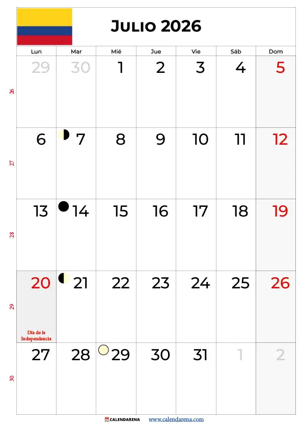 Julio Calendario 2026 Colombia – Plantilla Gratis para Imprimir en Formato Horizontal y Vertical