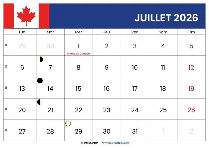 Calendrier 2026 Juillet Québec gratuit à télécharger en PDF imprimable