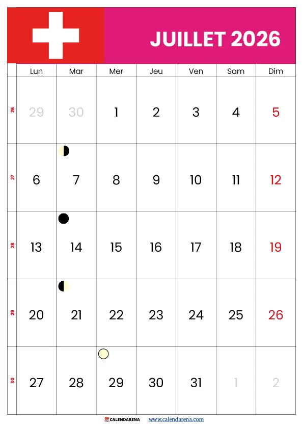Calendrier 2026 Juillet Suisse minimaliste gratuit à télécharger PNG