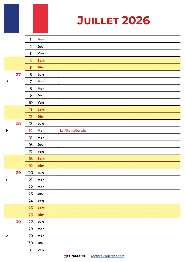 Calendrier juillet 2026 avec jours fériés – 14 juillet Fête Nationale – PDF gratuit à télécharger