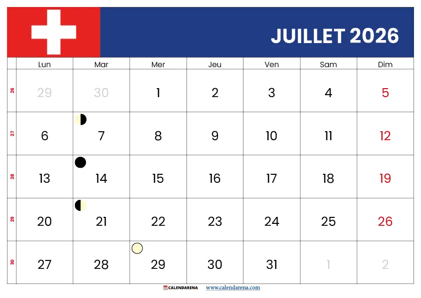Calendrier Juillet 2026 À Imprimer Suisse format paysage imprimable gratuit