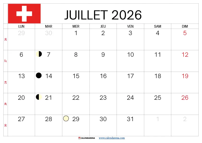Calendrier Juillet 2026 À Imprimer Suisse format portrait PDF gratuit