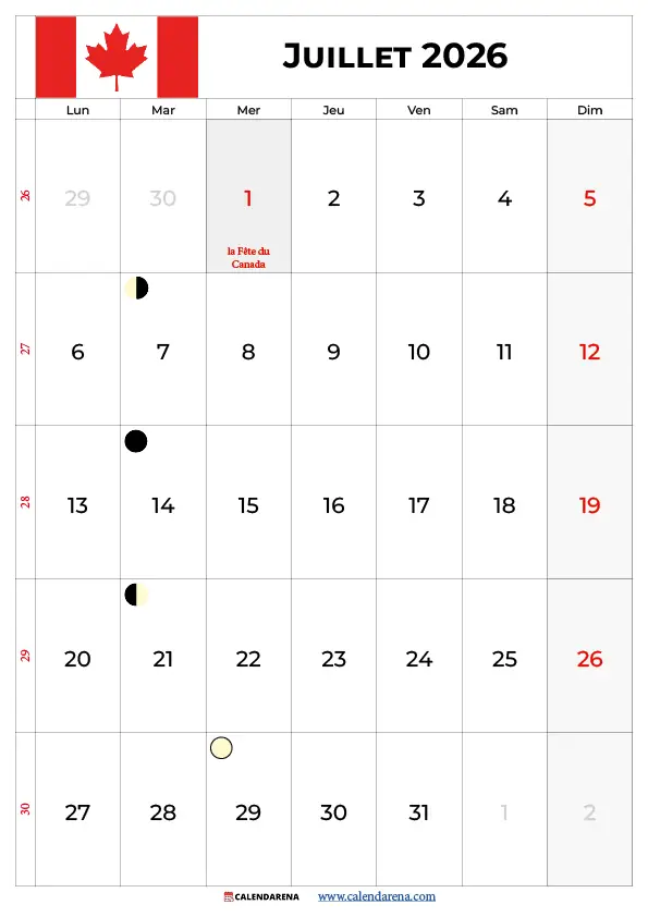 Pleine Lune Juillet 2026 Quebec calendrier lunaire gratuit à imprimer