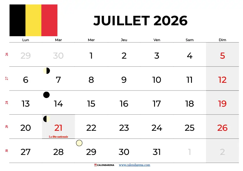 Calendrier Juillet 2026 Belgique gratuit à télécharger en PDF et PNG imprimable